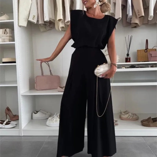 Women's Casual 2-Piece Set Crew Neck Sleeveless Top Wide Leg Pants Set Summer Casual Loungewear Outfit for Travel Vacation