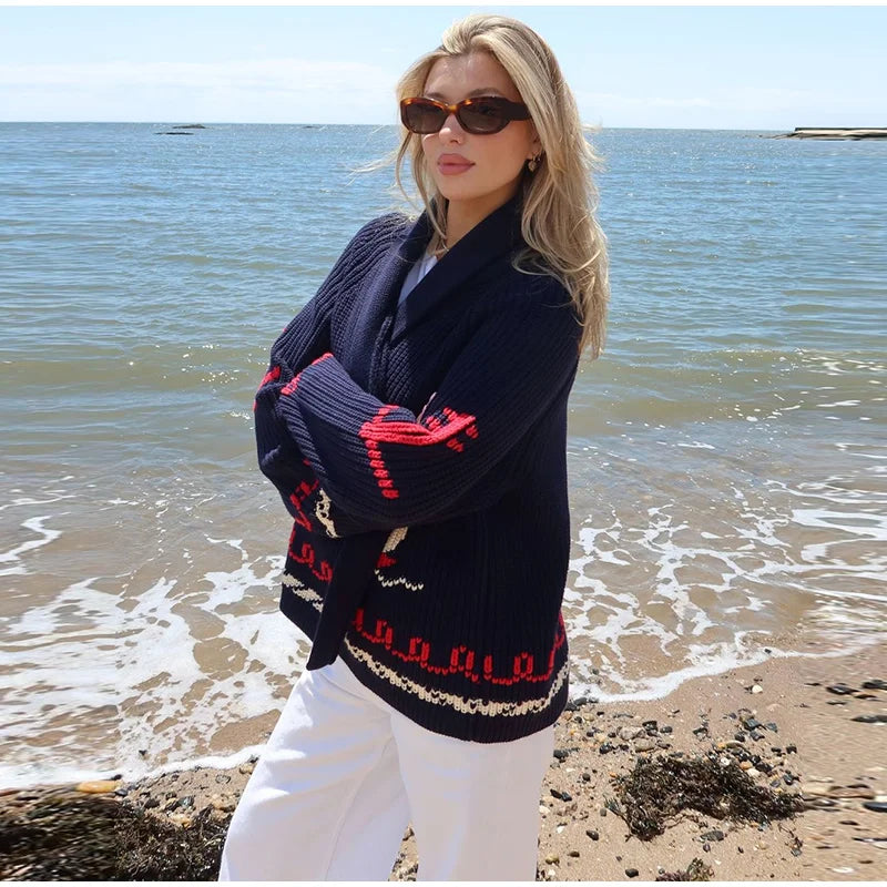 Cozy Jacquard Knit Turn-Down Collar Cardigan for Women
