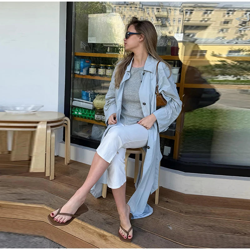 Lapel Collar Button Front Long Trench Coat With Waist Belt for Women