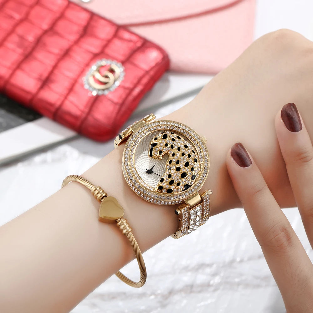 MISSFOX Women Quartz Watch Fashion Bling Casual Ladies Watches Female Quartz Gold Watch Crystal Diamond Leopard For Women Clock