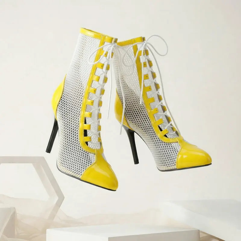 Breathable Mesh Pointy Toe Lace Up Thin Heel Ankle Boots for Women