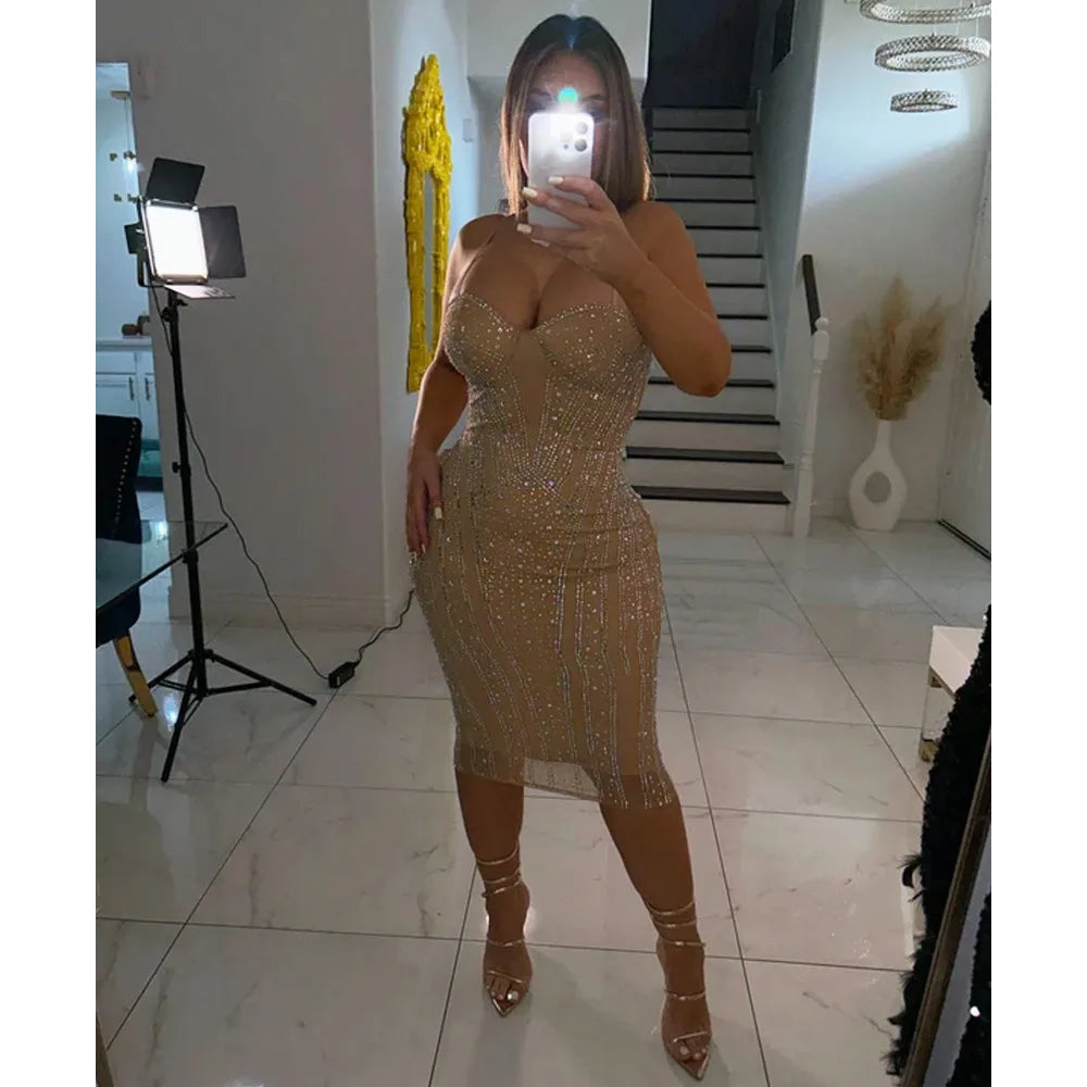 Rhinestone Mesh Sleeveless Mini Party Dress for Women