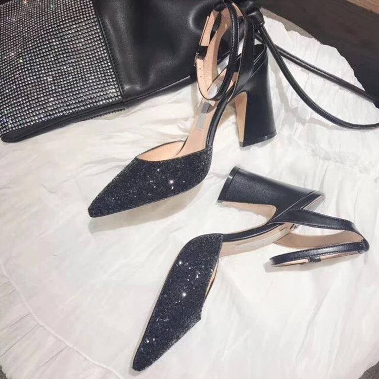 Pointed Toe Crystal Buckle Ankle Strap Square Heel Wedding Pumps for Women