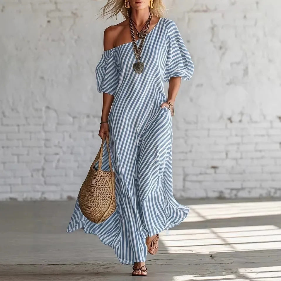Striped Off Shoulder With Pockets Maxi Dress for Women
