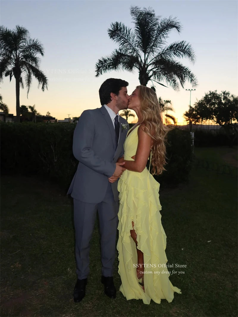 Yellow Ruffle Tiered Deep V Neck Chiffon Evening Dress for Women
