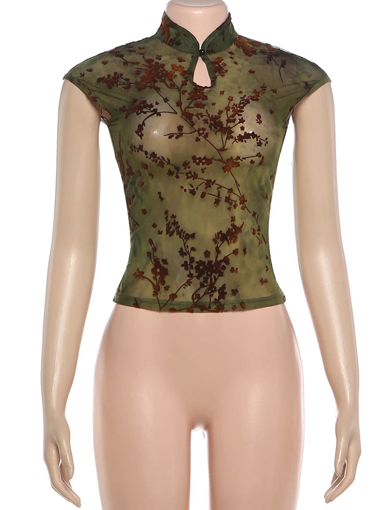 Sheer Jacquard Patchwork High Neck Tank Top for Women