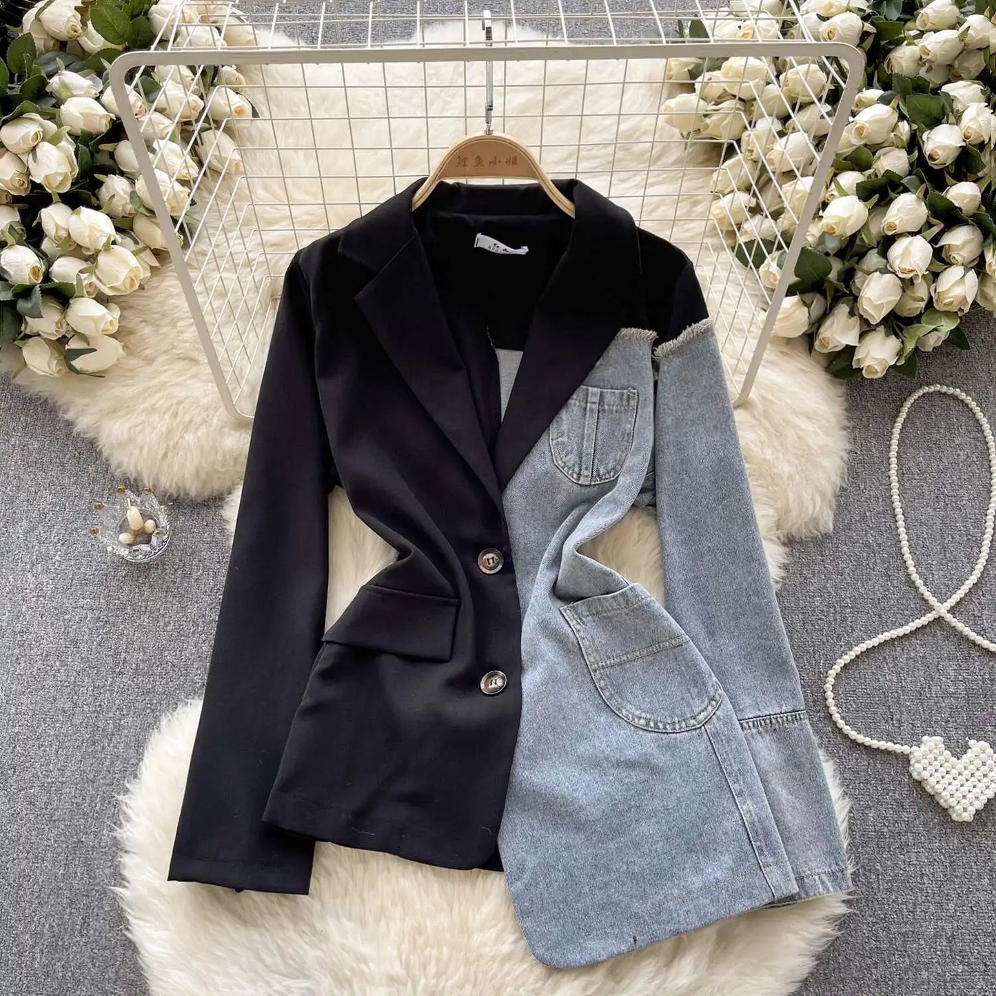 ANJY Autumn New Women Vintage Streetwear Ins Stylish Denim Patchwork Single Breasted Coat Casual Elegant Asymmetric Blazer A8421