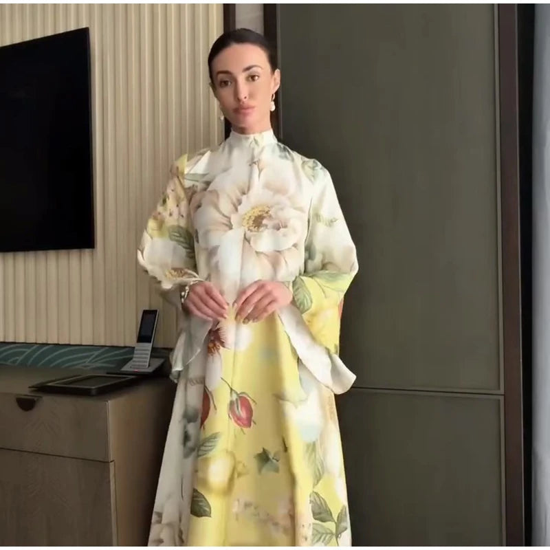 Elegant Print Dress with Stand Collar and Flare Sleeves for Women