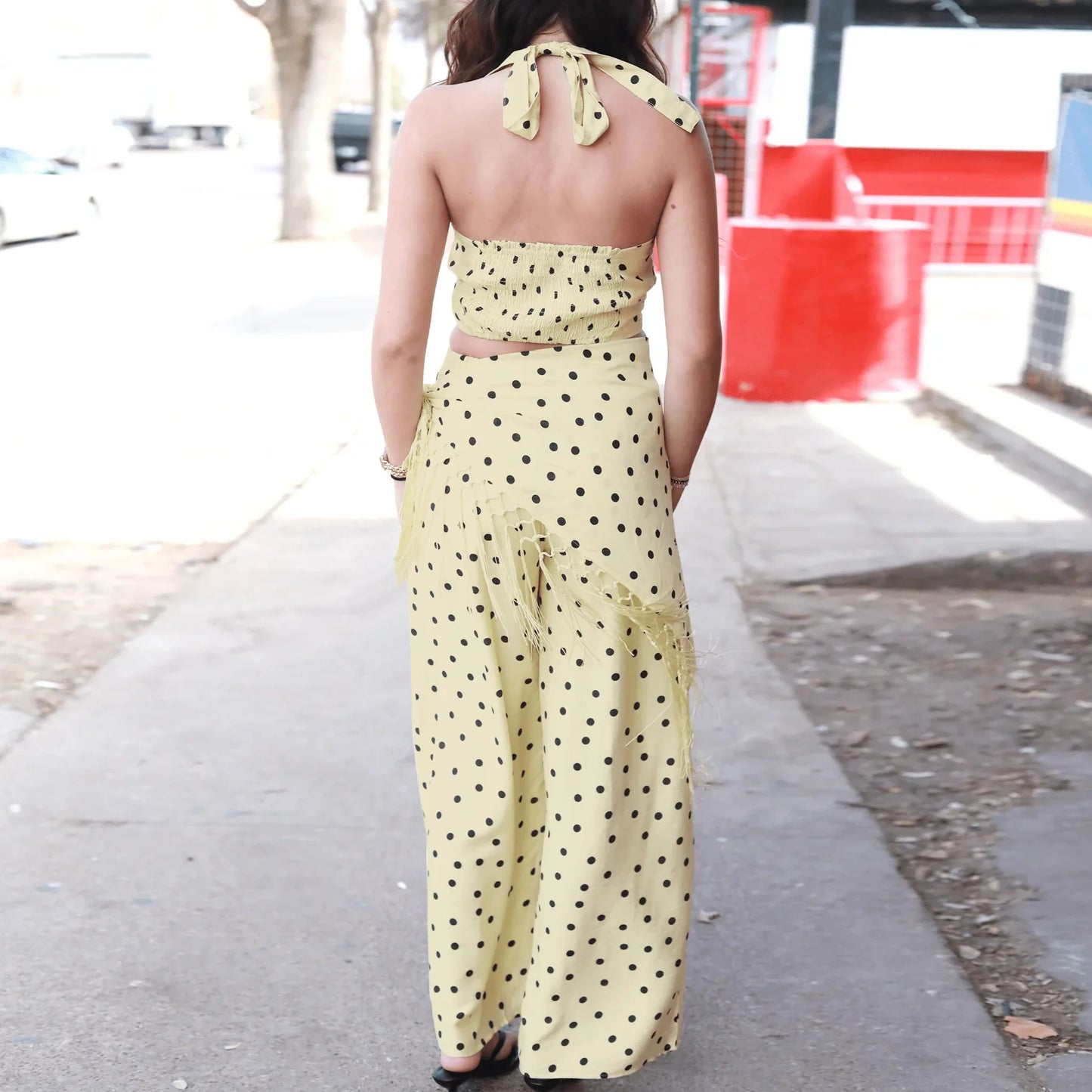 Polka Dot Print Halter Crop Top Tassel Fringe Two Piece Outfit for Women