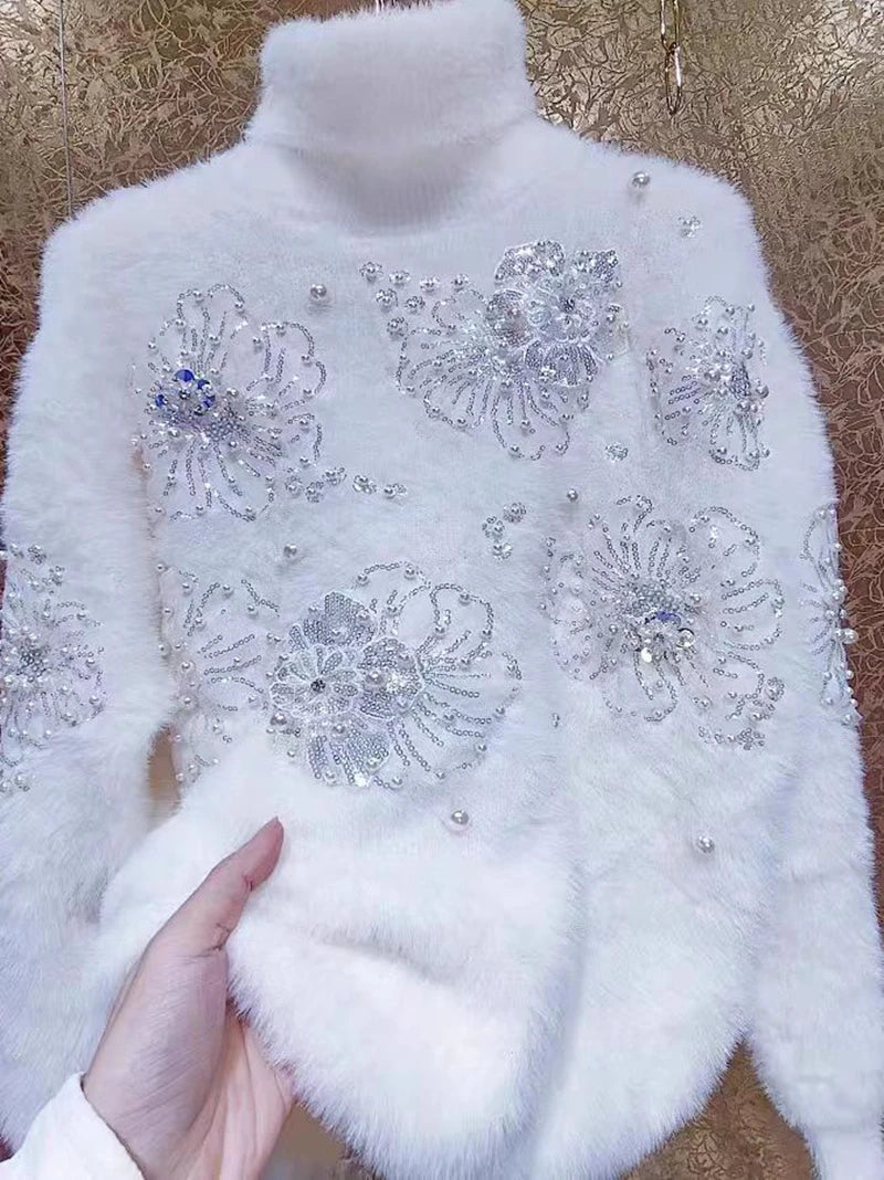 High-end Beads Sequined Stitch Thick Faux Fur Turtleneck Sweater for Women Autumn/Winter New Knit Outwears Pullovers Jumpers