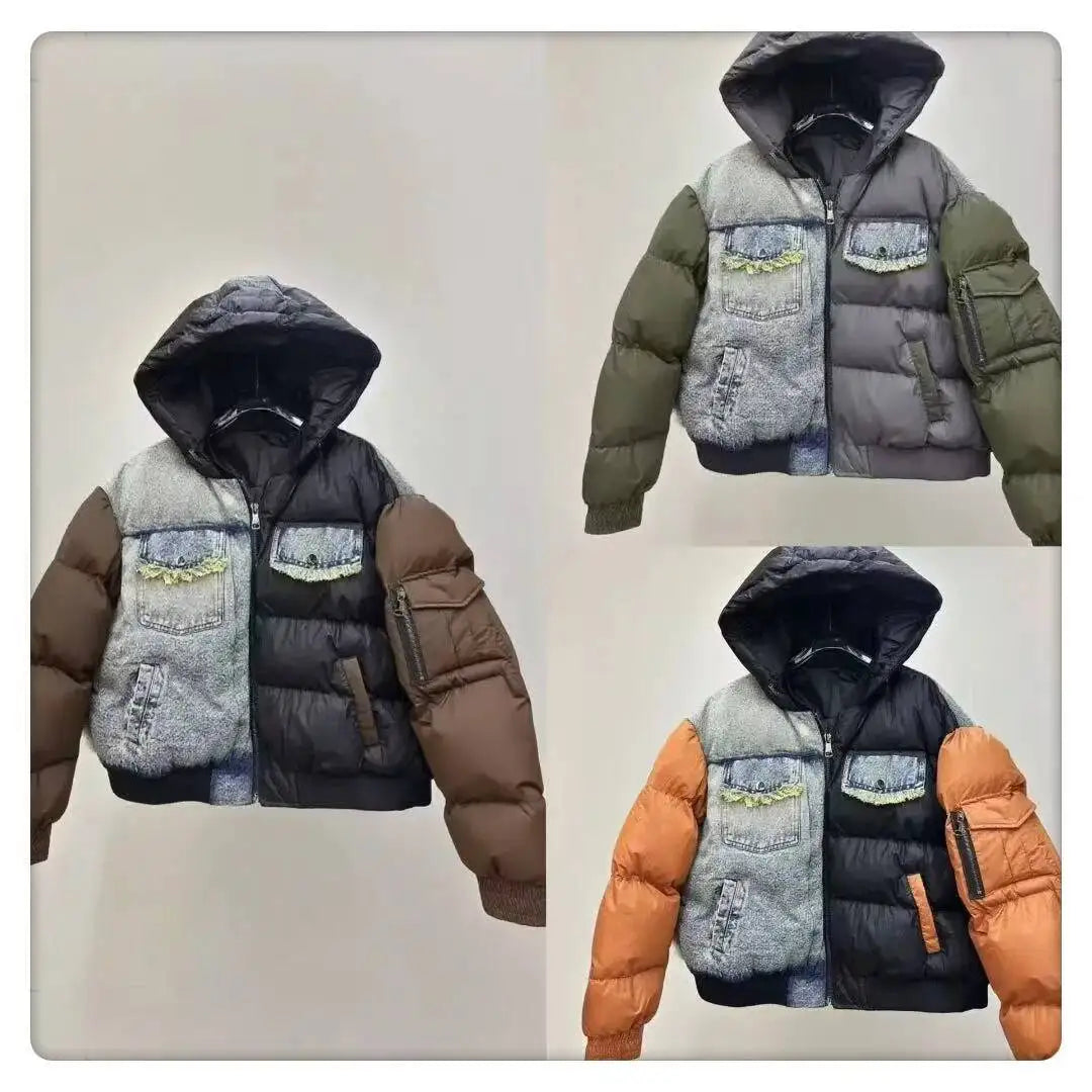 ANJY Autumn Winter New Women European Trendy Padded Coat Heavy-Duty Denim Patchwork Pocket Color-Block Hooded Down Jacket A12508