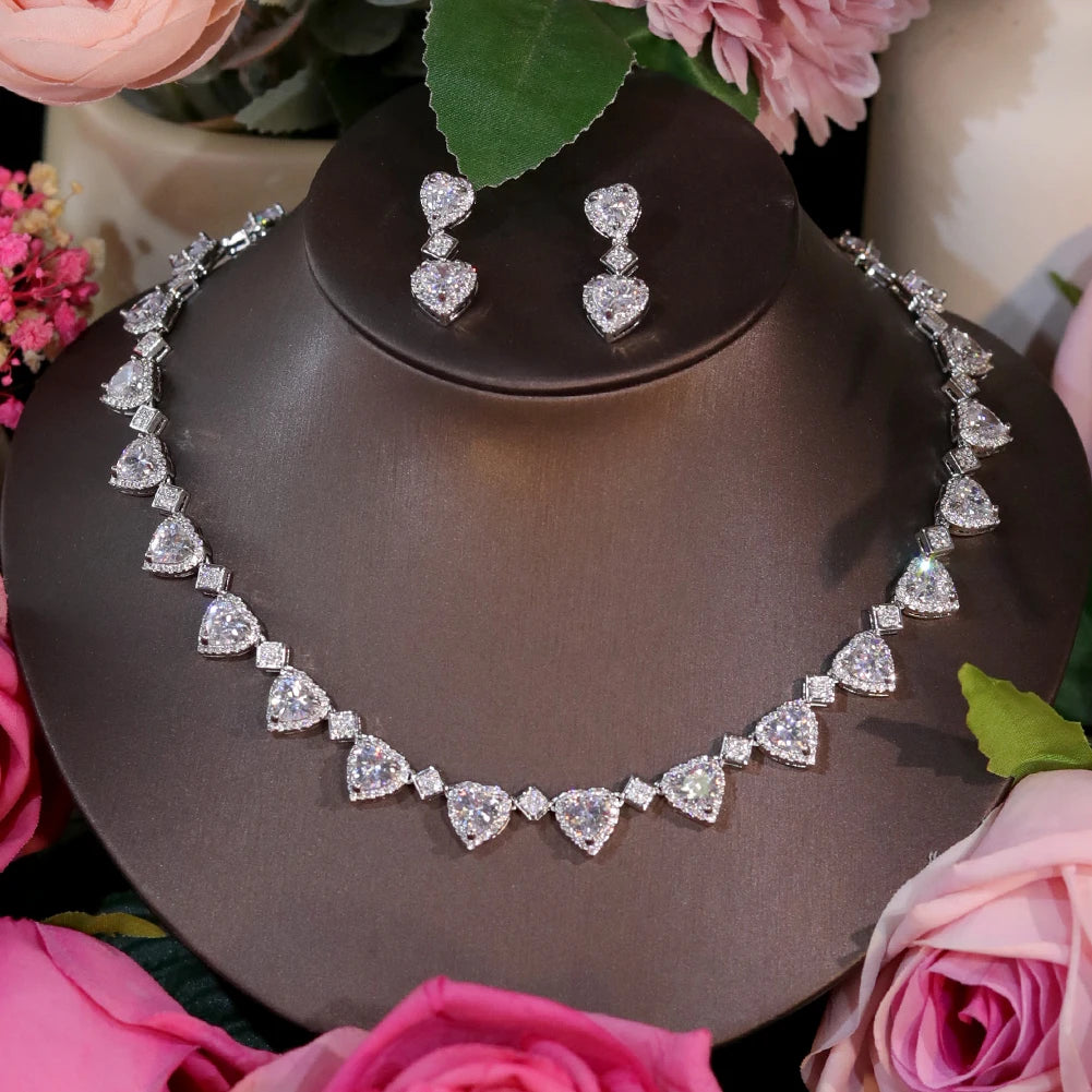 Pink Heart Crystal Necklace And Earring Set For Women