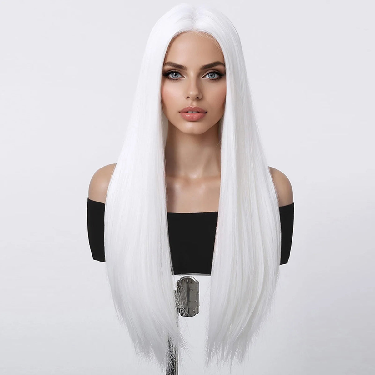 Long Straight White Synthetic Wig With Center Part for Women