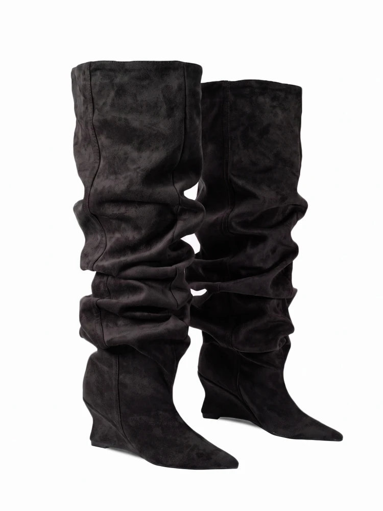 Pointed Toe Denim Over-The-Knee With Wedge Boots for Women