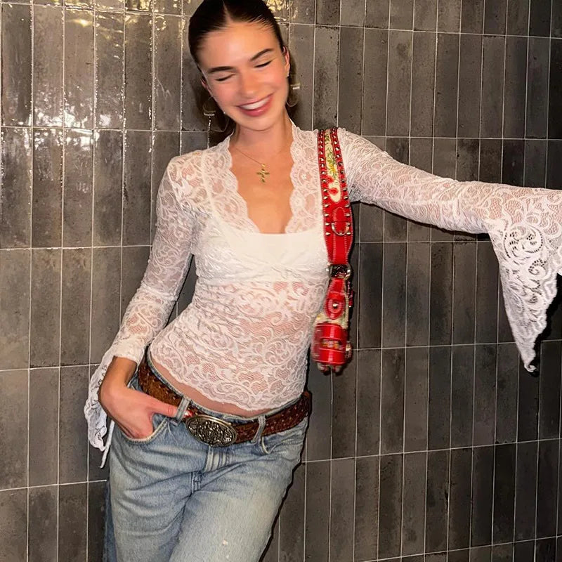 Aesthetic Lace Top Women Sexy Clothing See Through Deep V Neck Flared Long Sleeve T Shirts Party Clothes Clubwear