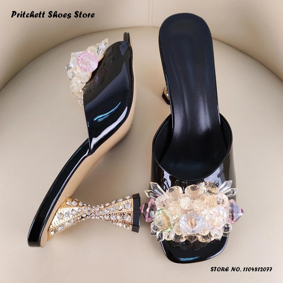 Sleek Patent Leather Square Open Toe Mules With Crystal Trim For Women