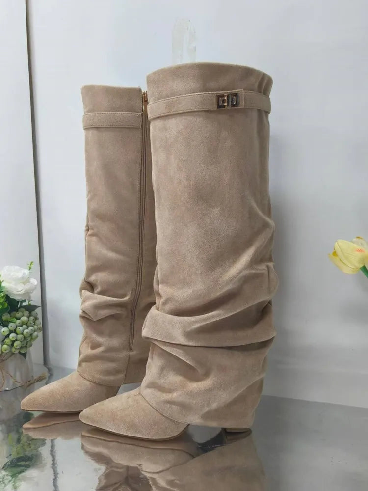 Pointed Toe Thick High Heel Mid Calf Boots for Women