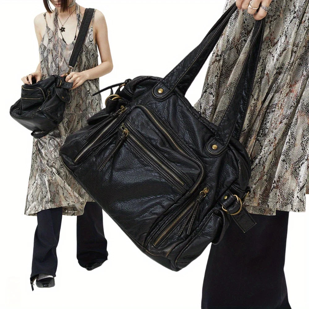 Y2K Punk Soft Faux Leather Multi Pocket Shoulder Bag for Women