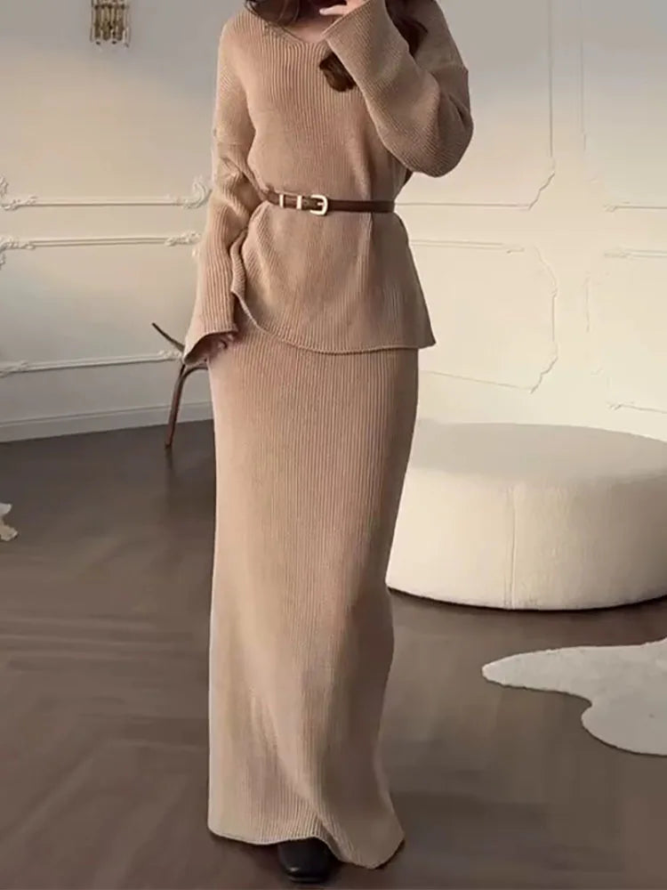 2025 autumn and winter new solid color V-neck women's top slim fit close to the buttocks long skirt+gentle sweater set