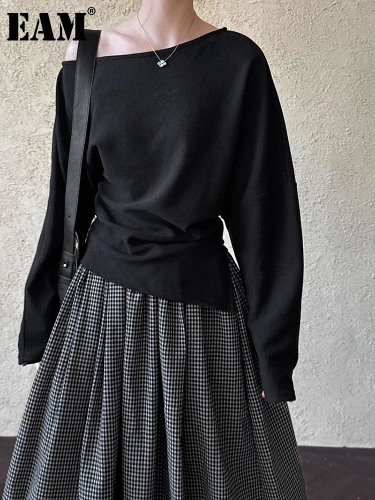 Black Pleated Asymmetrical Collar Sweatshirt for Women