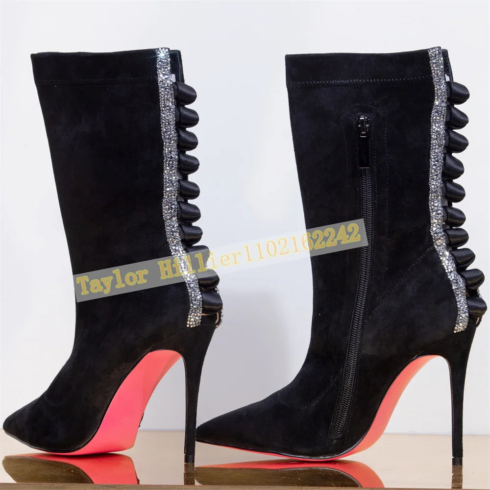 Blue Suede Mid Calf Stiletto Boots with Rhinestone Trim for Women