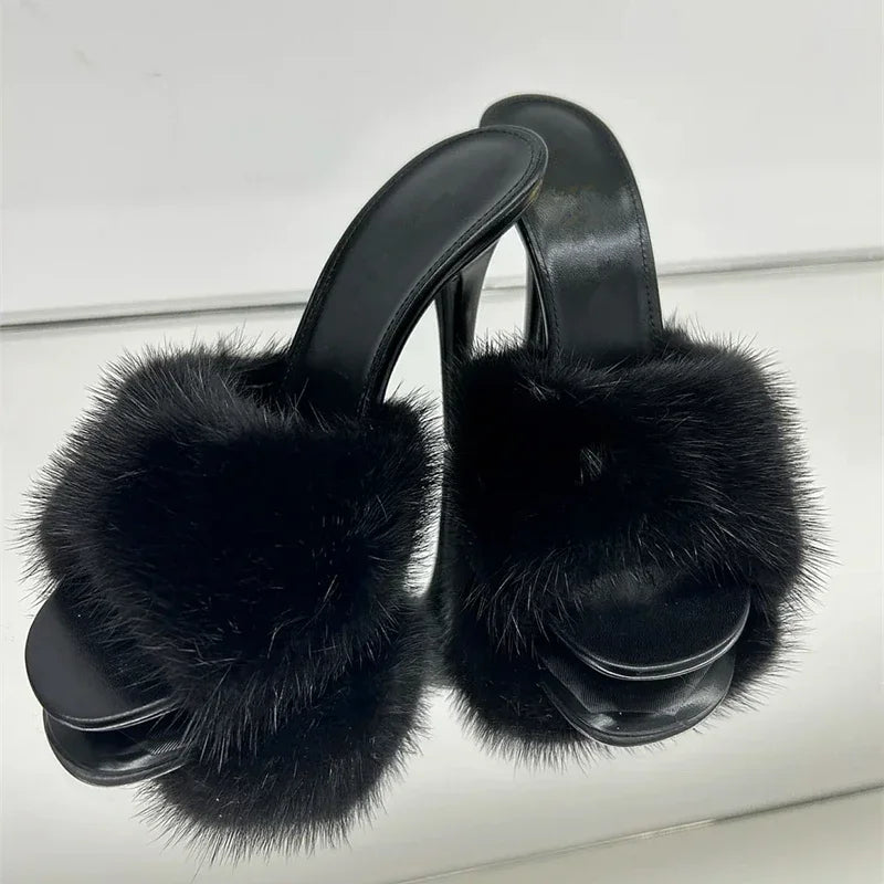 Fur Trim Open Toe Stiletto Party Sandals for Women