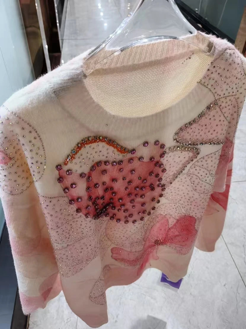 Real Photos Sparkling Stones Stitch Sweater for Women Autumn/Winter 2025 New Trend Outwears Knitwear Pullovers Female Clothing