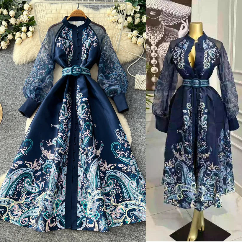 Elegant Printed Mesh Spliced A Line Maxi Dress for Women