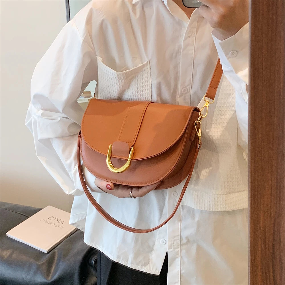 Solid Color Leather With Golden Hardware Saddle Shoulder Bag for Women