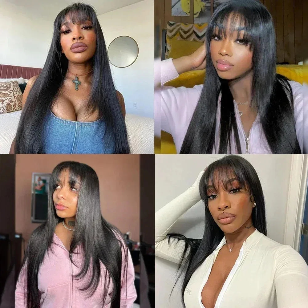 Natural Straight Layered Lace Front Wig With Bangs for Women
