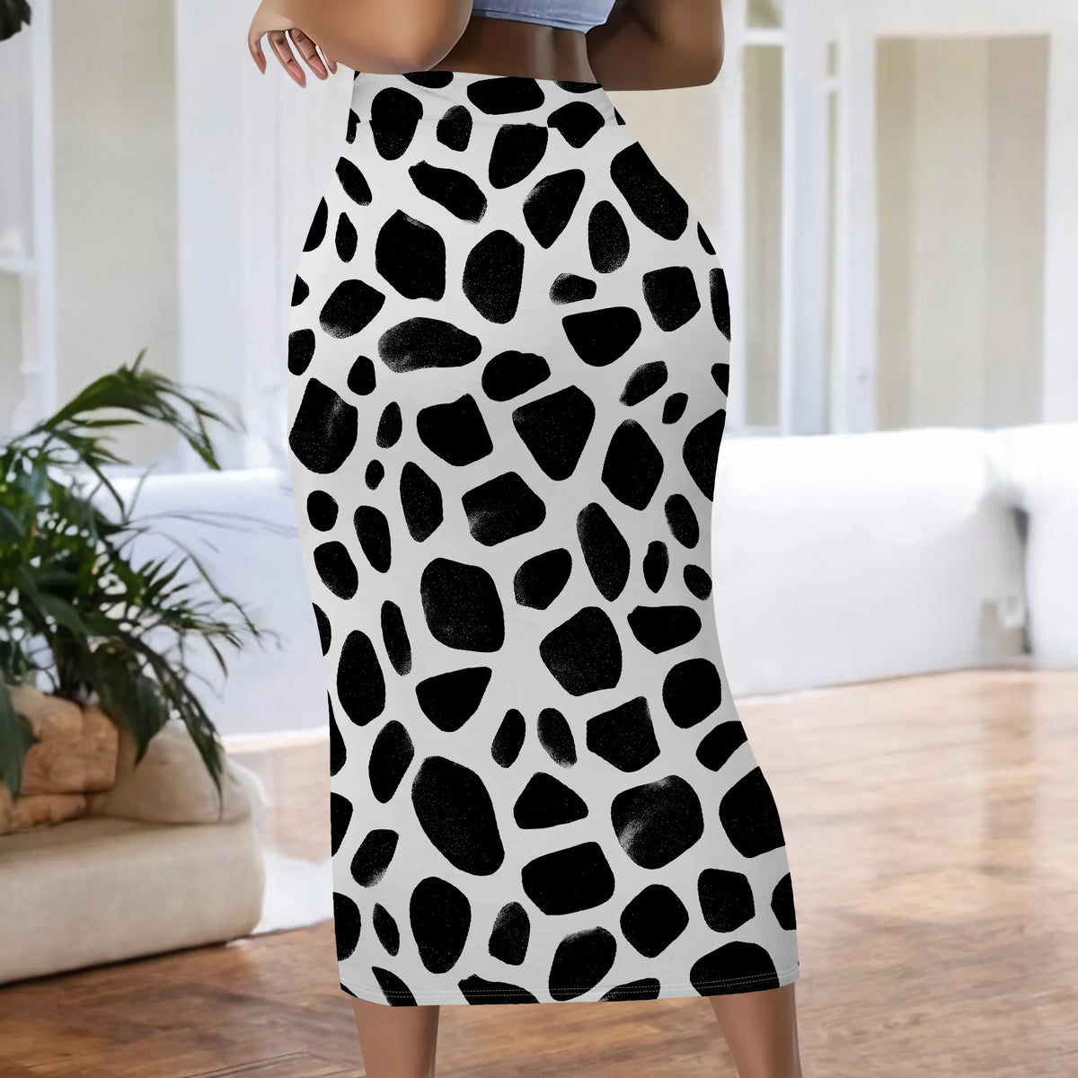 Black And White Abstract Print High Waist Midi Skirt for Women