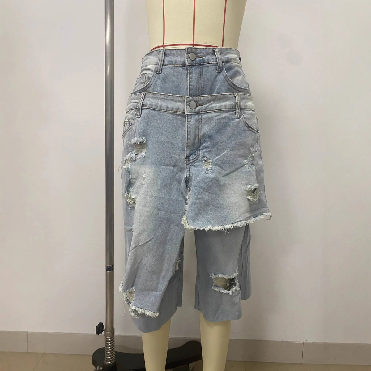 Ripped Ruffle High Waisted Denim Cargo Shorts for Women