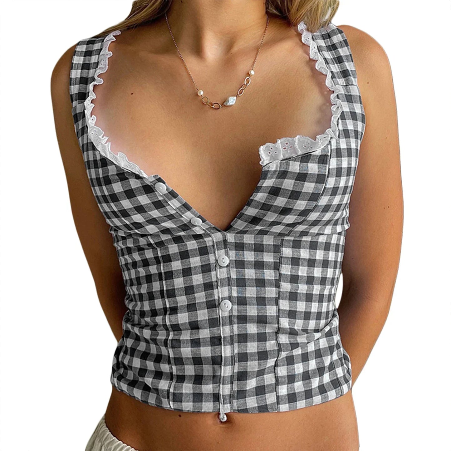 Retro Plaid Button Down Lace Trim Sleeveless Tank Top for Women
