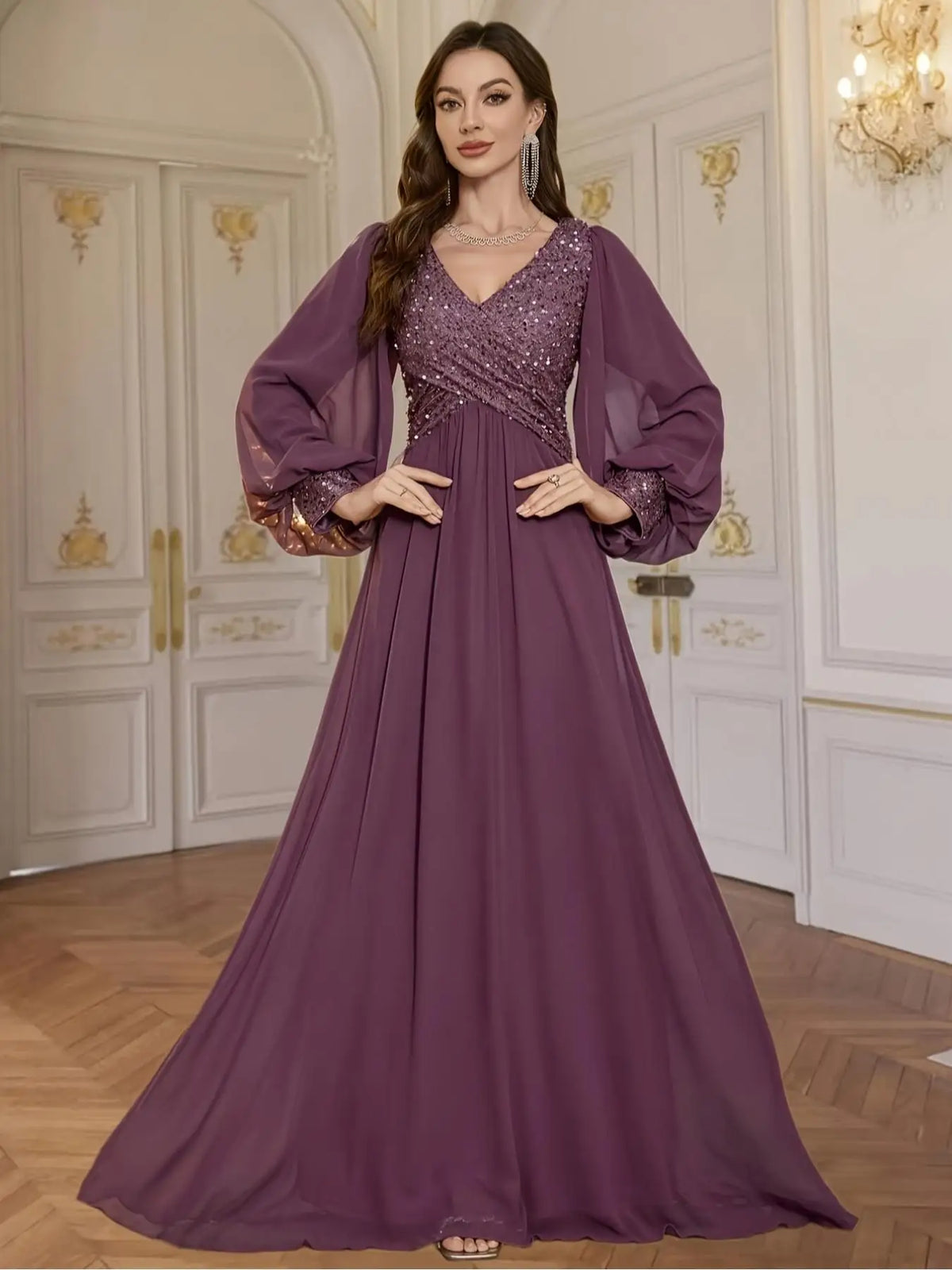 V-Neck Sequined Chiffon Evening Gown