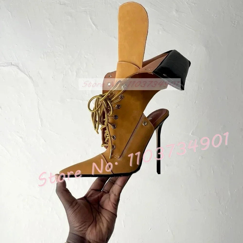 Yellow Pointed Toe Lace Up Stiletto Booties For Women