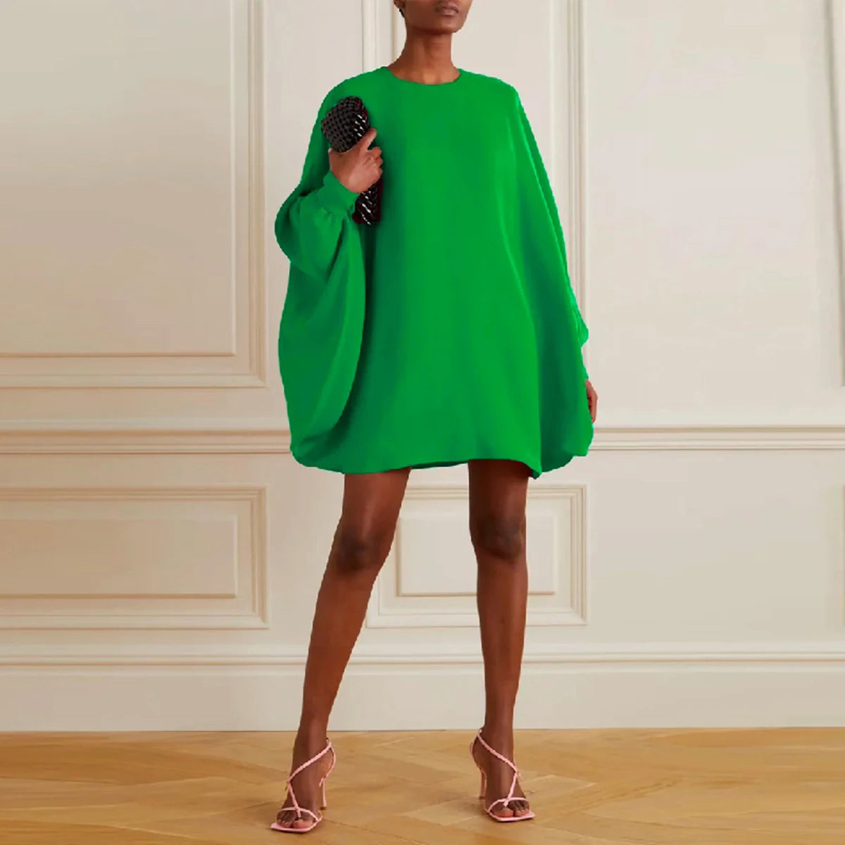 UOOZEE Women Fashion Simple Solid Color Round-Neck Mini Dresses 2025 New Spring Summer Batwing Sleeves Casual Short Dress