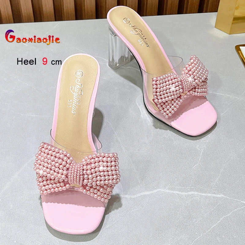 Pink Pearl Bow Design Clear Crystal High Heels for Women