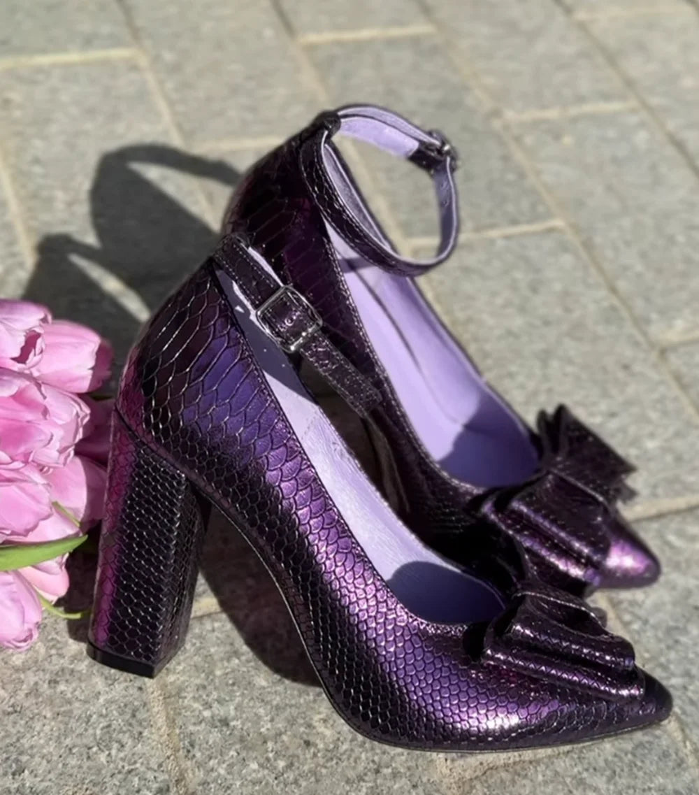 Oversized Bow Shimmery Violet Snake Pointed Toe Buckle Block Heels For Women