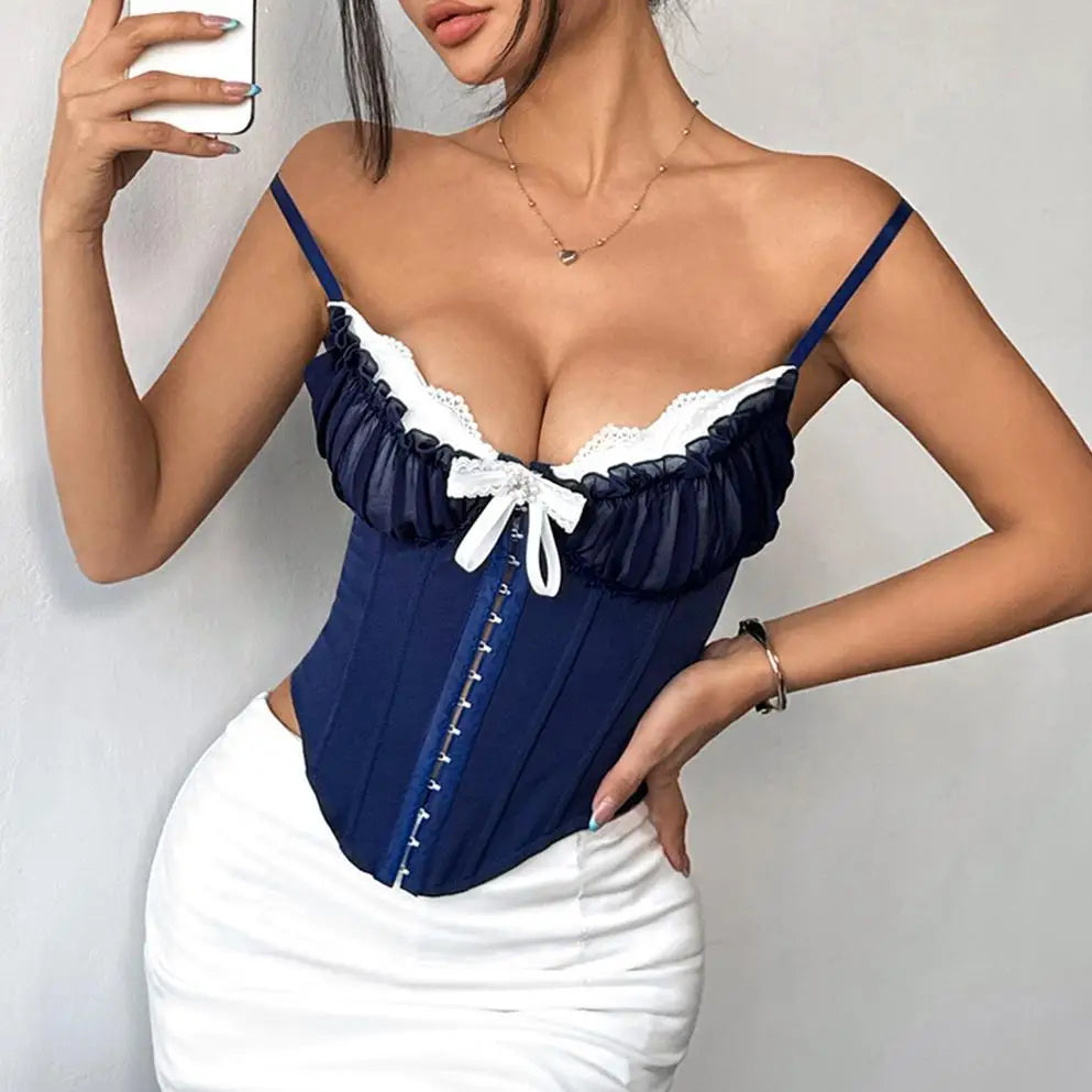 Sheer Lace Trim Spaghetti Strap Corset Top for Women