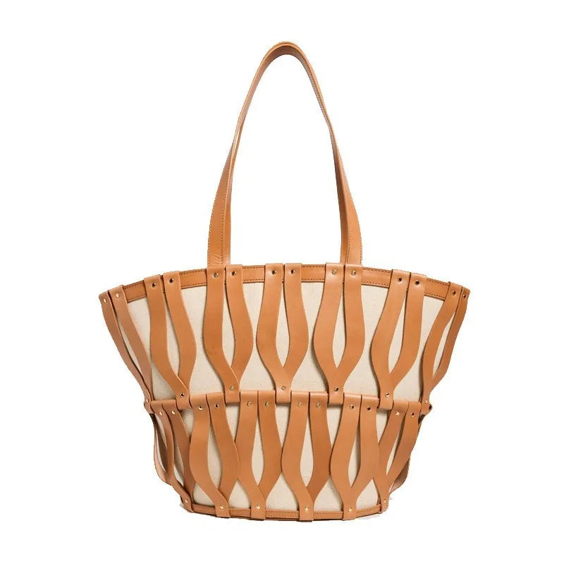 Hollow Fashion Woven Shoulder Bag Brand Retro Large Capacity Tote Bag Texture Contrast Color Canvas Handbag Beach Bag Women Bag