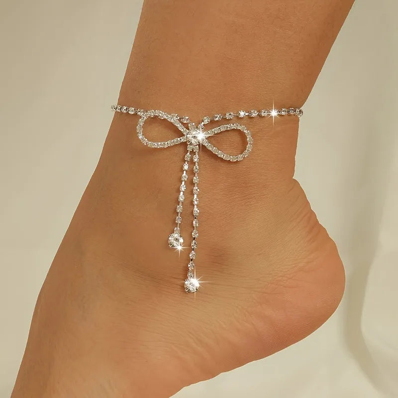 Delicate Sparkling Zirconia Ribbon Tassel Anklet for Women