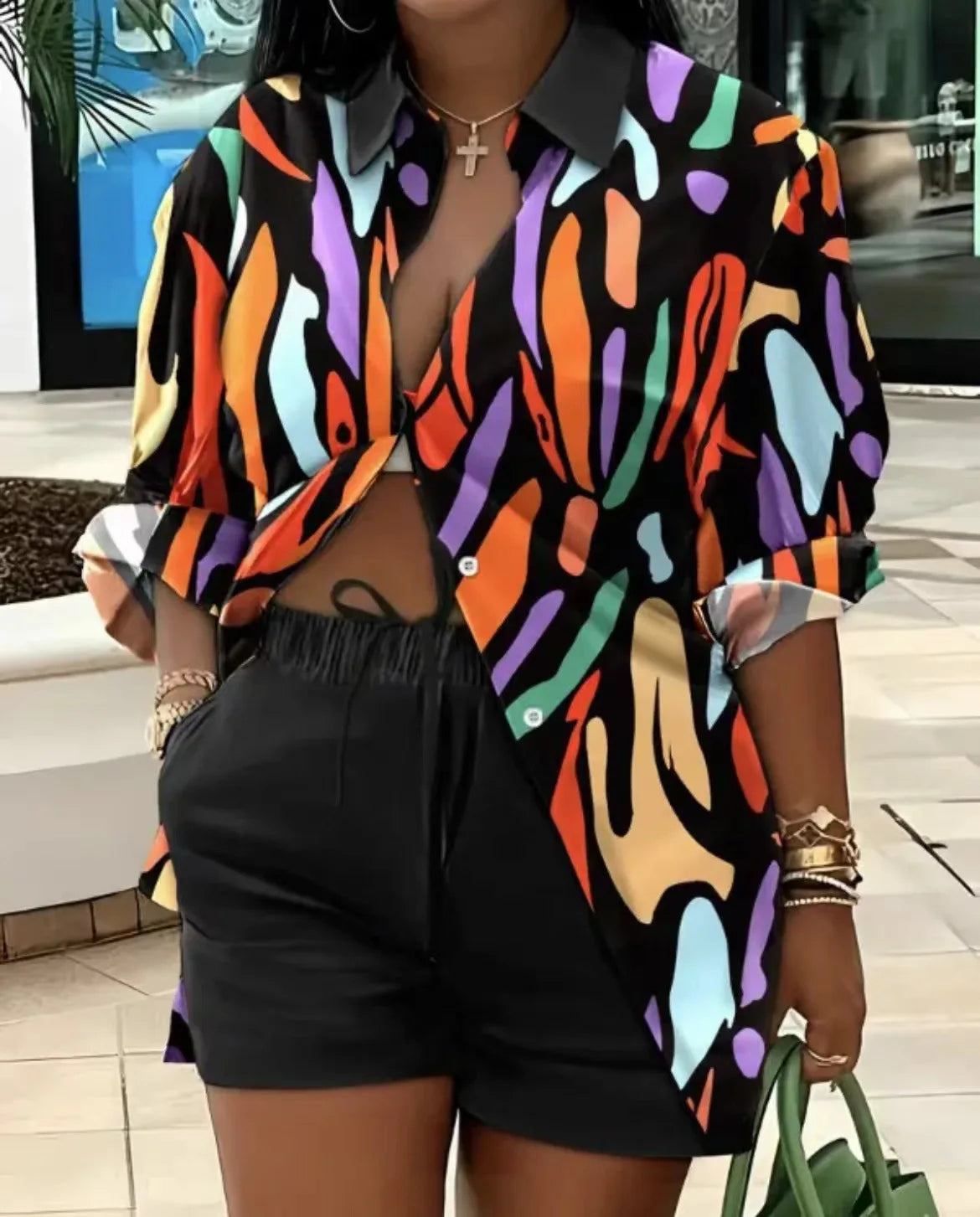 Casual Geometric Print Shirt Shorts Two Piece Set for Women