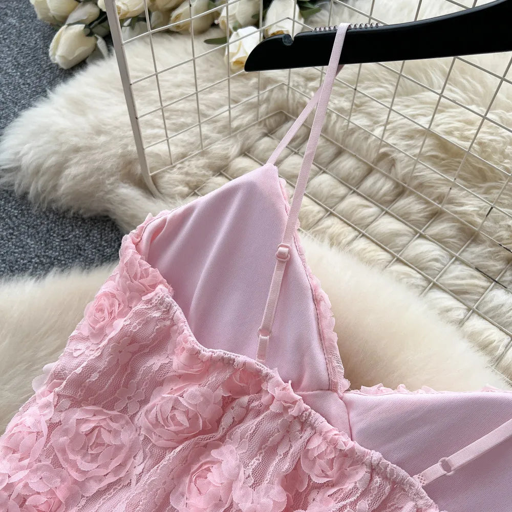 3D Floral Lace Camisole and Pleated Skirt Set for Women