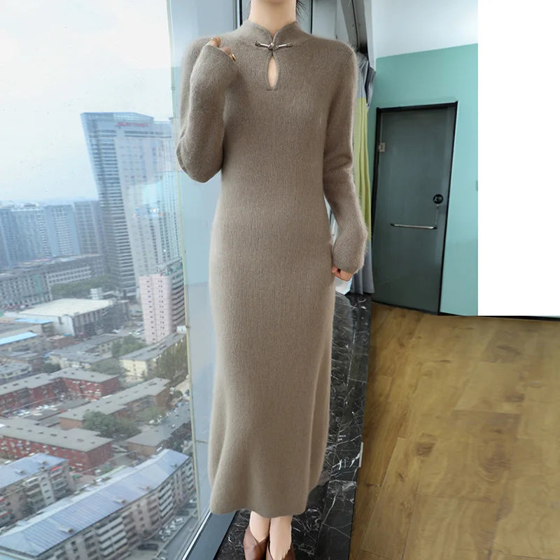 Cashmere Knit Dress with Stand Up Collar and Buckle for Women