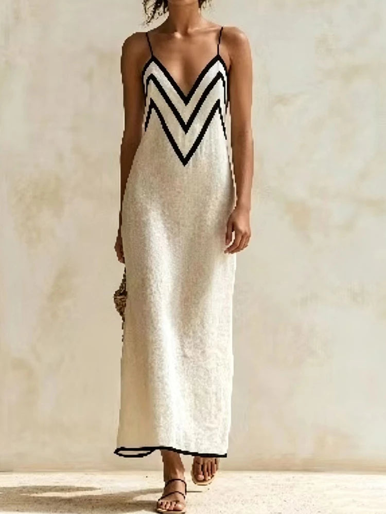 Striped Backless Spaghetti Strap Maxi Dress for Women