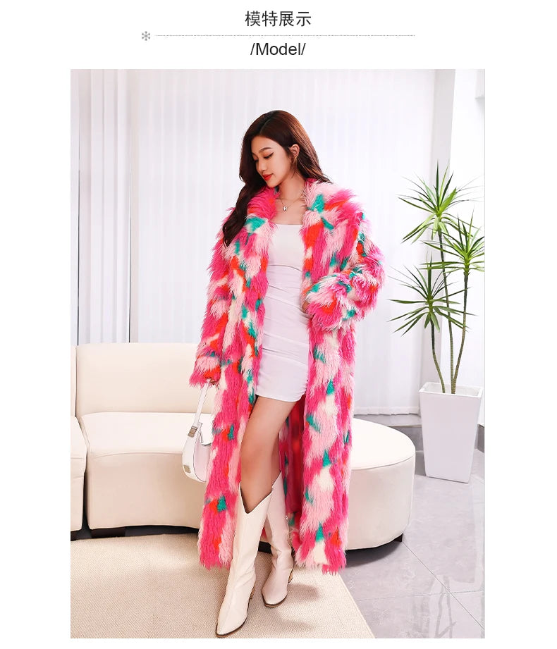 Colorful Plush Oversized Faux Fur Maxi Coat for Women