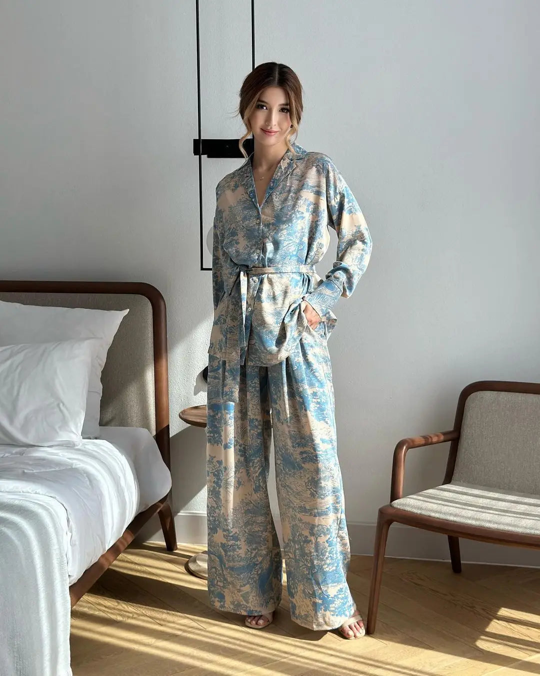 Elegant Print Two Piece Set With Long Sleeve Shirt And Wide Leg Pants for Women