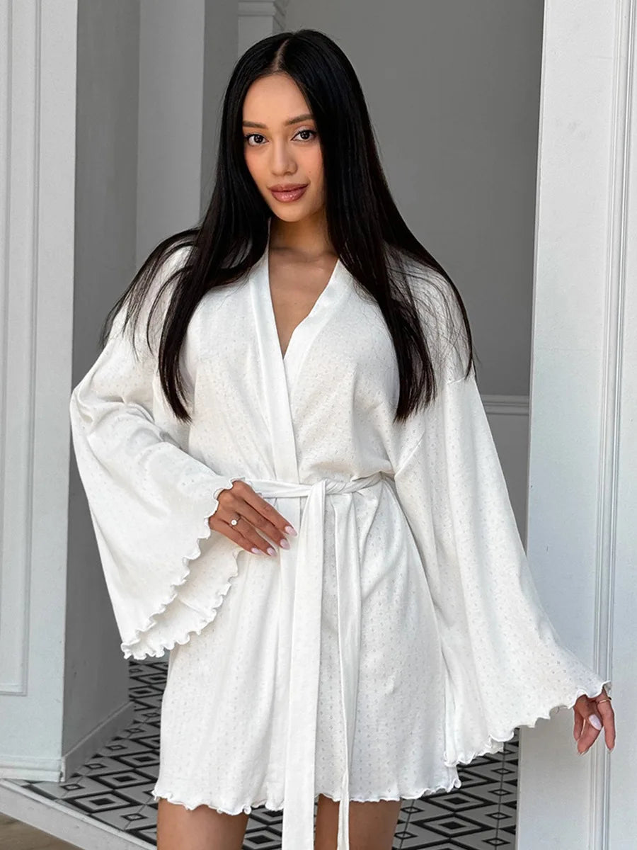 Comfortable Knitted V Neck Pajama And Robe Set For Women