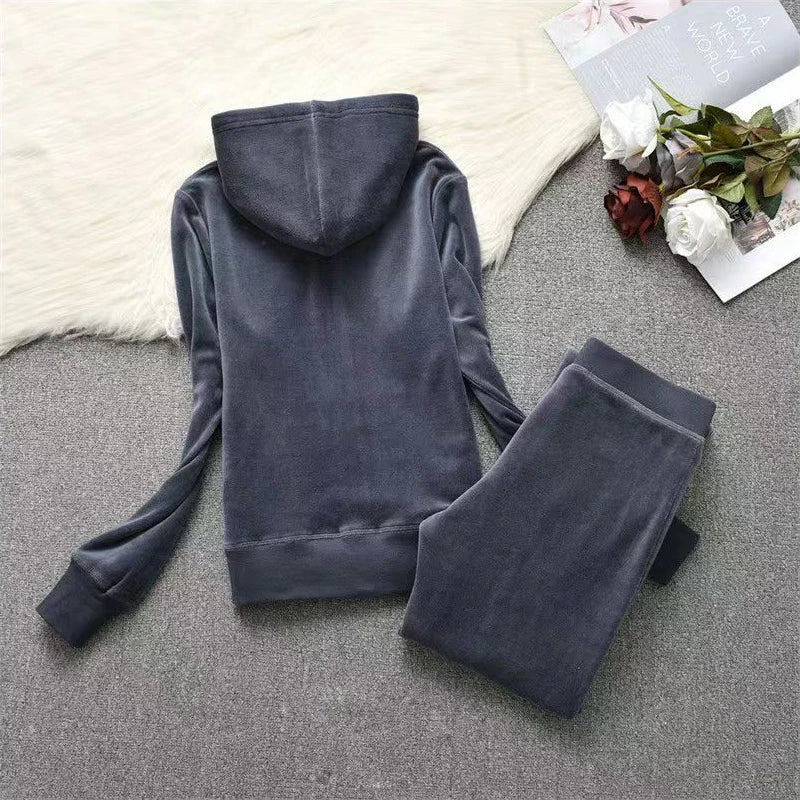 Soft Velvet Hooded Two Piece Tracksuit Set for Women