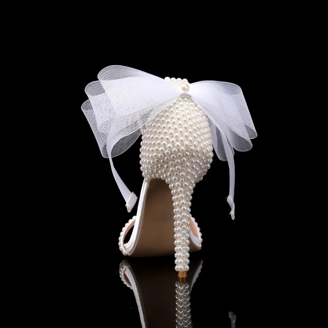 Elegant Pearl Beaded Mesh Bowknot Sandals for Women